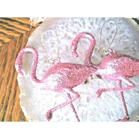 New Summer Retro 80s Style Bright Pink Flamingo Glitter Dangle Earrings - 2.75” - Picture 4 of 5